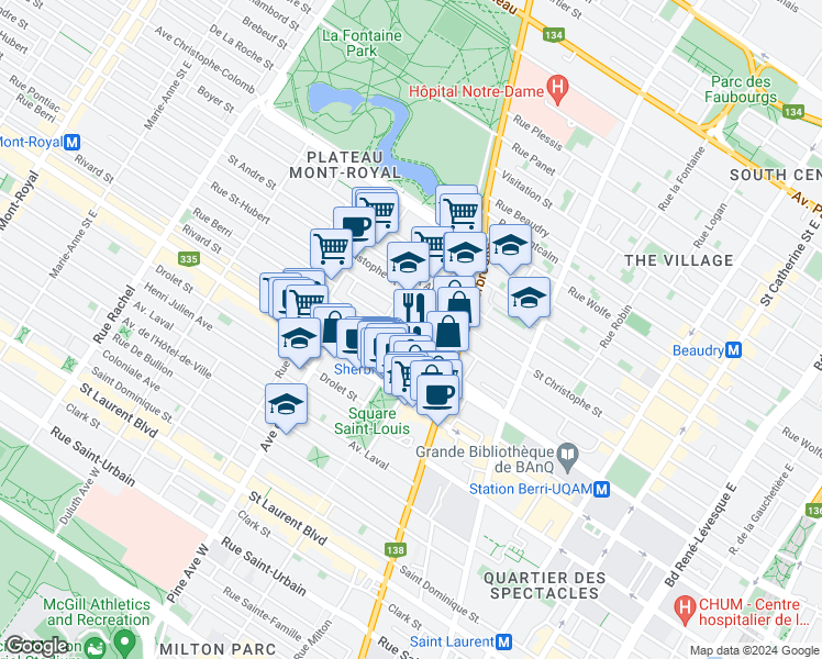 map of restaurants, bars, coffee shops, grocery stores, and more near 534 Rue Cherrier in Montréal