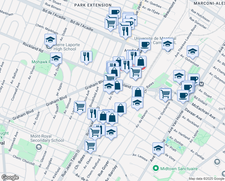 map of restaurants, bars, coffee shops, grocery stores, and more near in Mount Royal