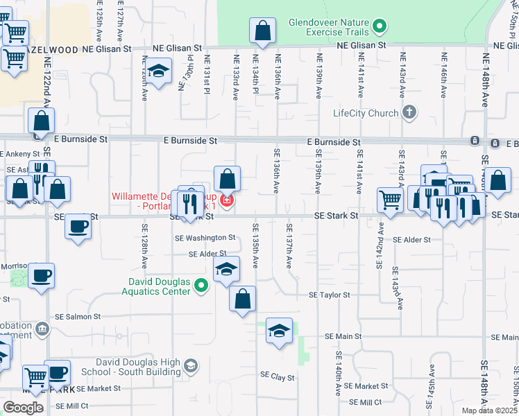 map of restaurants, bars, coffee shops, grocery stores, and more near 13505 Southeast Stark Street in Portland