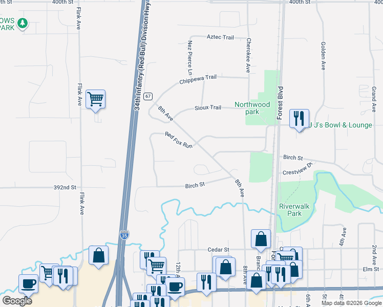 map of restaurants, bars, coffee shops, grocery stores, and more near 6021 Oak Circle in North Branch
