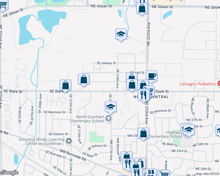 map of restaurants, bars, coffee shops, grocery stores, and more near 21707 Southeast Stark Street in Gresham