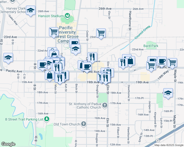 map of restaurants, bars, coffee shops, grocery stores, and more near 1924 Douglas Street in Forest Grove