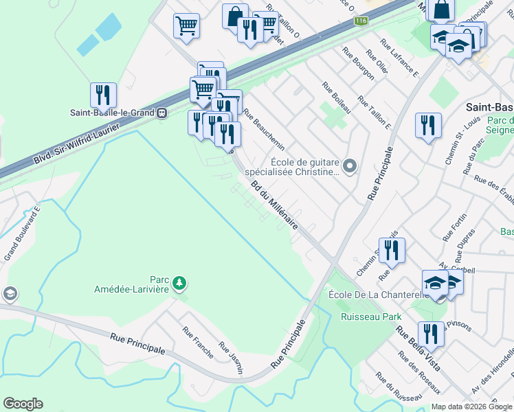map of restaurants, bars, coffee shops, grocery stores, and more near 1564 Boulevard du Millénaire in Saint-Basile-le-Grand