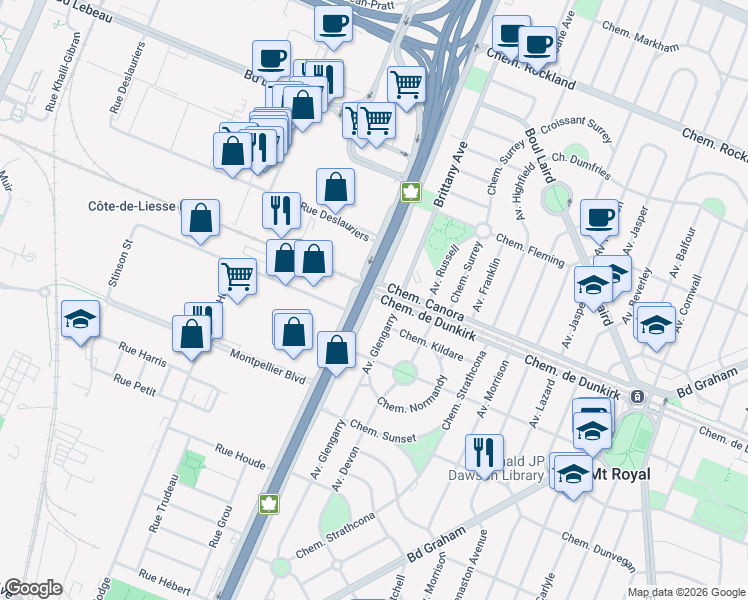 map of restaurants, bars, coffee shops, grocery stores, and more near in Mount Royal