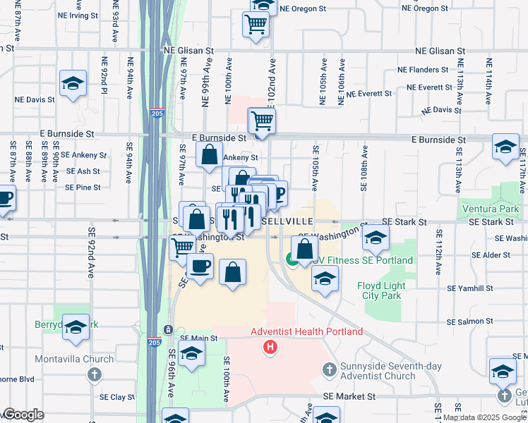 map of restaurants, bars, coffee shops, grocery stores, and more near 10125 Southeast Stark Street in Portland