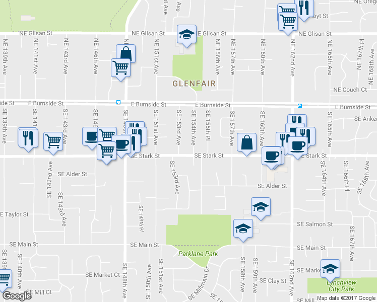 map of restaurants, bars, coffee shops, grocery stores, and more near 15325 Southeast Stark Street in Portland