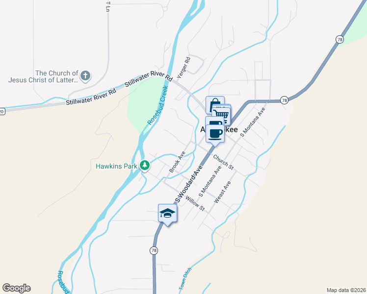 map of restaurants, bars, coffee shops, grocery stores, and more near 111 Brook Avenue in Absarokee