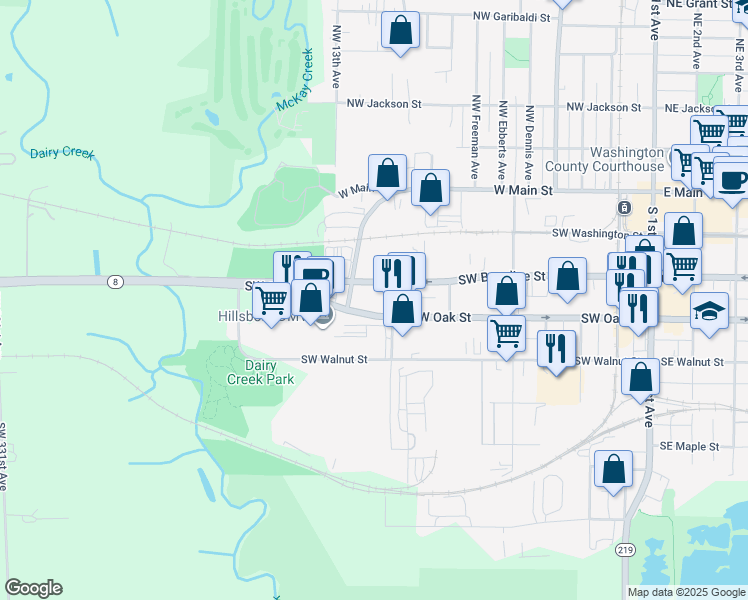 map of restaurants, bars, coffee shops, grocery stores, and more near 1050 Southwest Baseline Street in Hillsboro