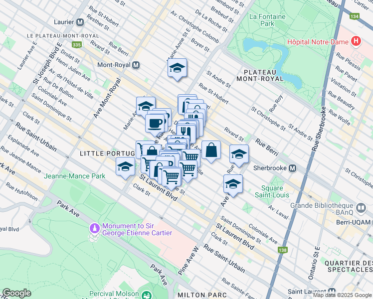 map of restaurants, bars, coffee shops, grocery stores, and more near 253 Avenue Duluth Est in Montréal