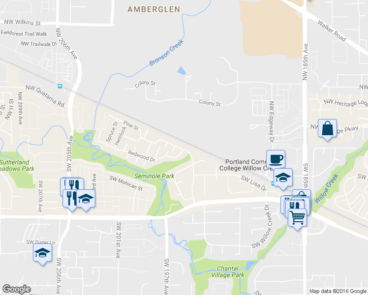 map of restaurants, bars, coffee shops, grocery stores, and more near 195 Redwood Drive in Beaverton