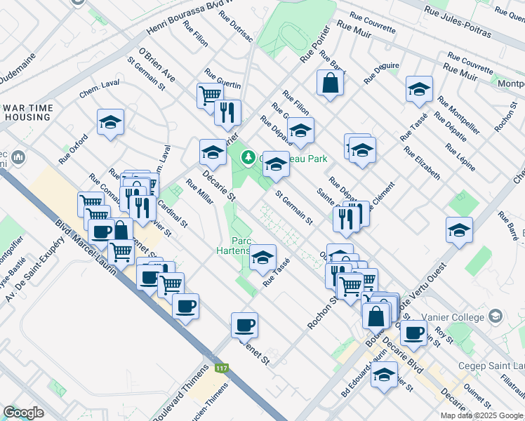 map of restaurants, bars, coffee shops, grocery stores, and more near 1580 Rue Ouimet in Montréal