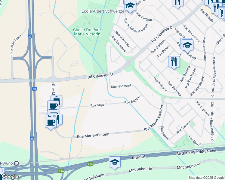 map of restaurants, bars, coffee shops, grocery stores, and more near 1321 Rue Hocquart in Saint-Bruno-de-Montarville