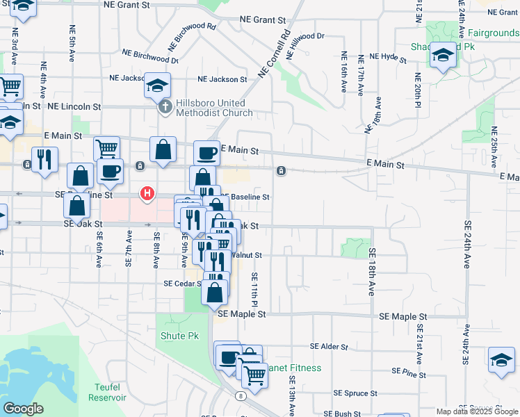 map of restaurants, bars, coffee shops, grocery stores, and more near 1138 Southeast Baseline Street in Hillsboro