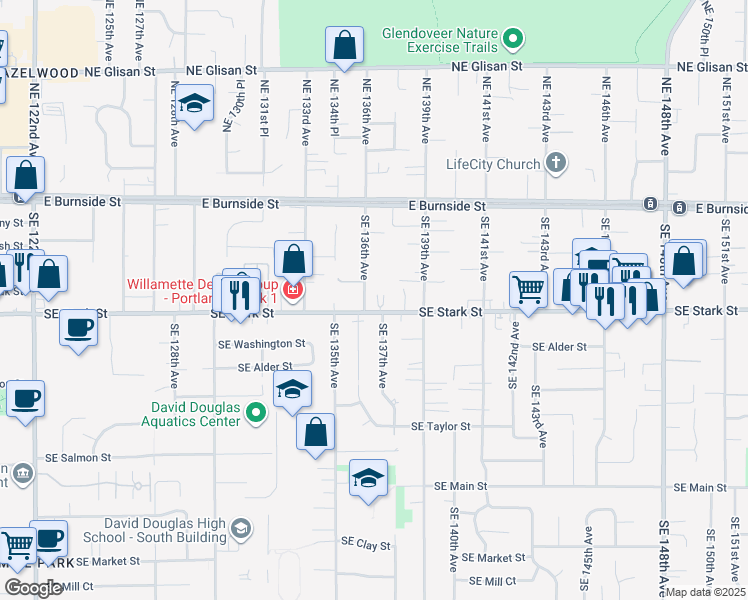 map of restaurants, bars, coffee shops, grocery stores, and more near 13640 Southeast Stark Street in Portland