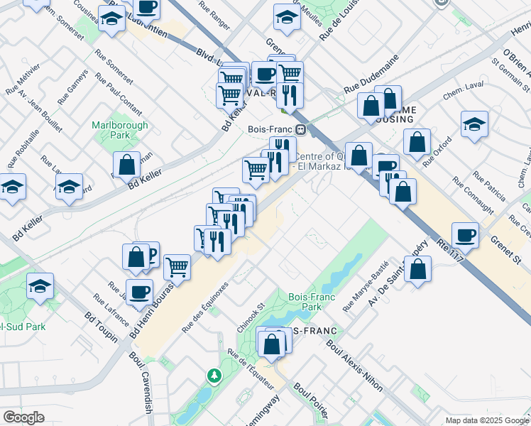 map of restaurants, bars, coffee shops, grocery stores, and more near in Saint-Laurent