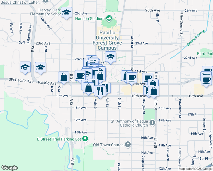 map of restaurants, bars, coffee shops, grocery stores, and more near 2028 Pacific Avenue in Forest Grove