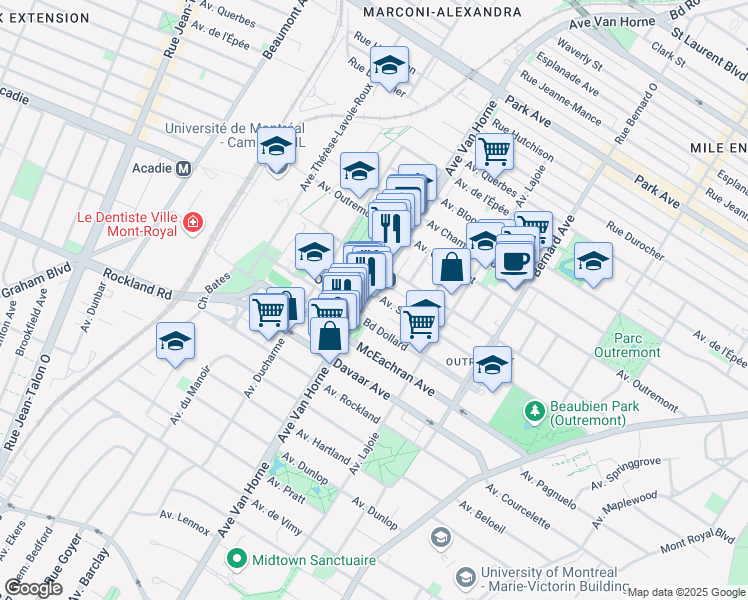 map of restaurants, bars, coffee shops, grocery stores, and more near 1460 Avenue Van Horne in Montrã©Al