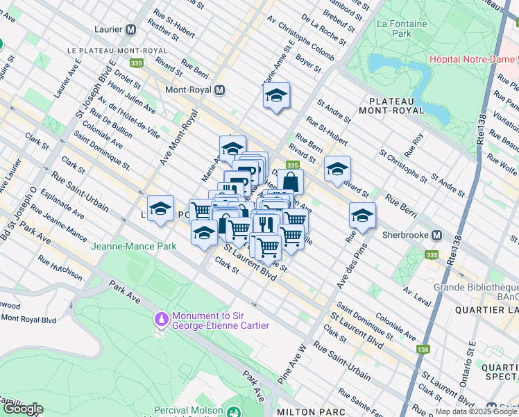 map of restaurants, bars, coffee shops, grocery stores, and more near 4148 Avenue de l'Hôtel de Ville in Montreal