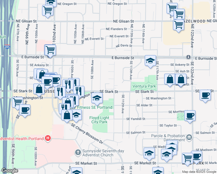 map of restaurants, bars, coffee shops, grocery stores, and more near 11016 Southeast Stark Street in Portland