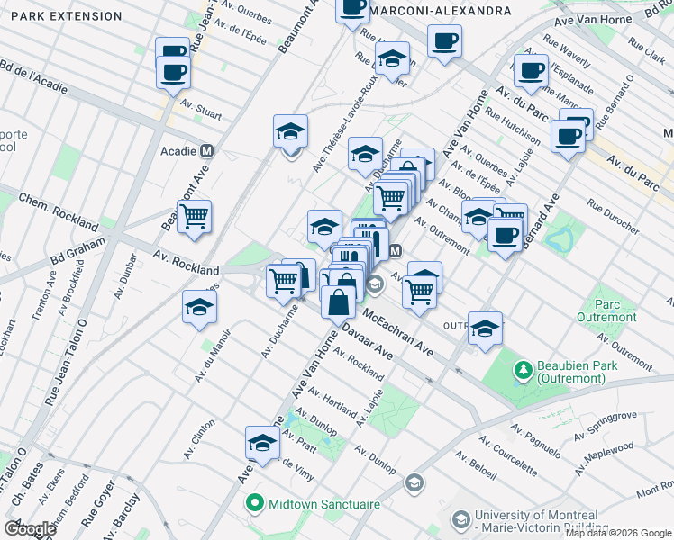 map of restaurants, bars, coffee shops, grocery stores, and more near 864 Avenue Dollard in Montréal