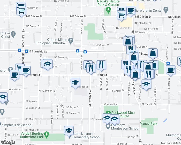map of restaurants, bars, coffee shops, grocery stores, and more near 17333 Southeast Stark Street in Portland