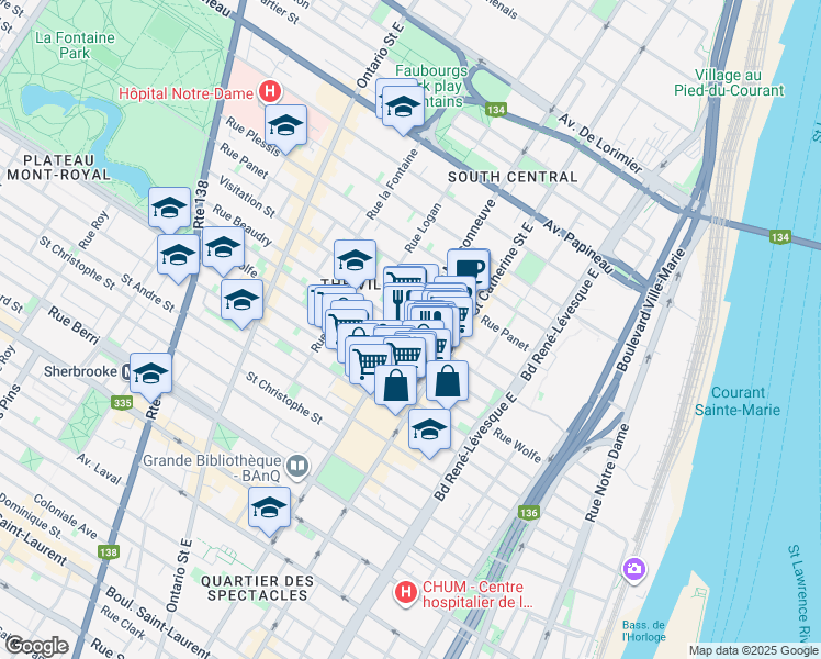 map of restaurants, bars, coffee shops, grocery stores, and more near 1501 Beaudry Street in Montreal
