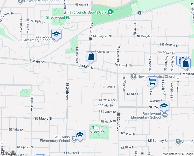 map of restaurants, bars, coffee shops, grocery stores, and more near 2920 Southeast Oak Street in Hillsboro