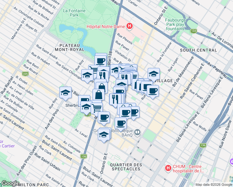map of restaurants, bars, coffee shops, grocery stores, and more near 2053 Rue Saint-André in Montréal