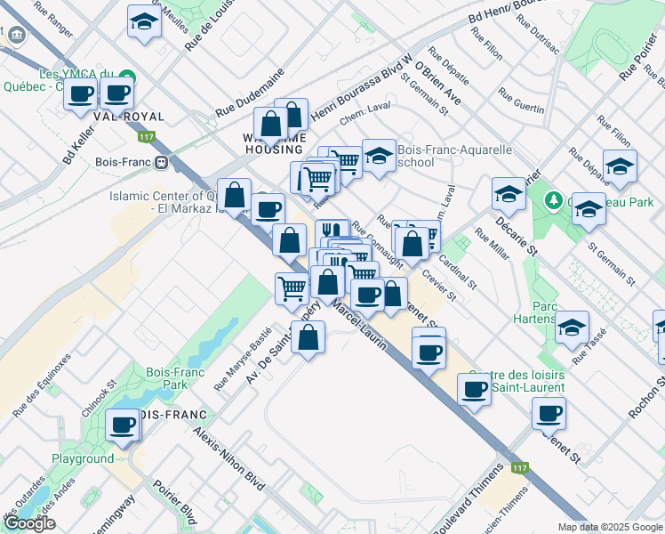 map of restaurants, bars, coffee shops, grocery stores, and more near 2015 Boulevard Marcel-Laurin in Montréal