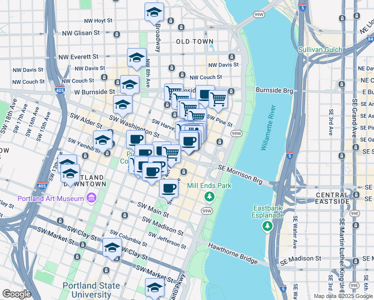 map of restaurants, bars, coffee shops, grocery stores, and more near 431-433 Southwest 2nd Avenue in Portland