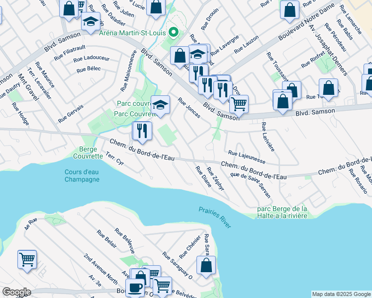 map of restaurants, bars, coffee shops, grocery stores, and more near 574 Rue Diane in Laval