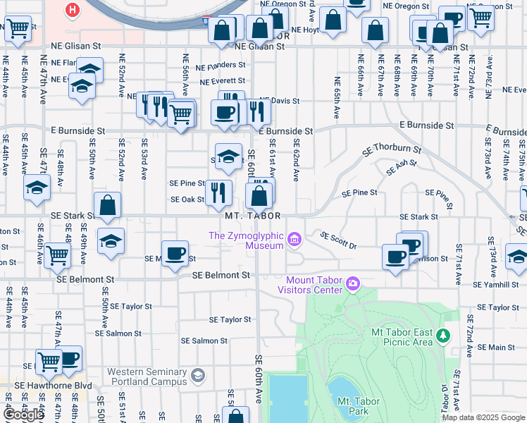 map of restaurants, bars, coffee shops, grocery stores, and more near 6031 Southeast Stark Street in Portland