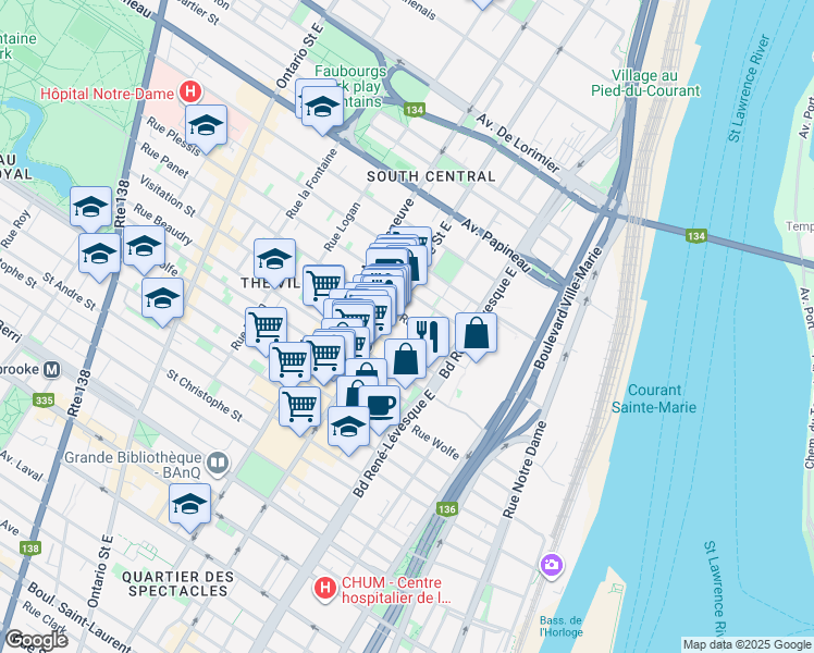 map of restaurants, bars, coffee shops, grocery stores, and more near 1278 Rue Panet in Montréal
