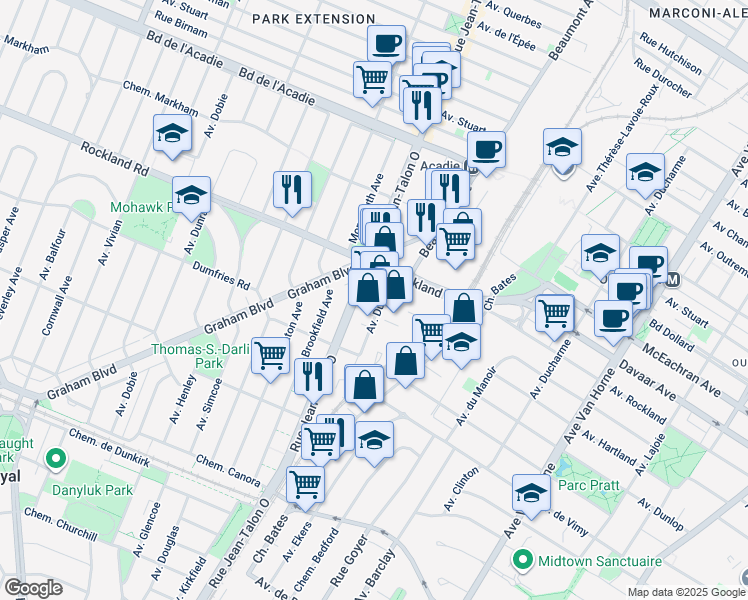 map of restaurants, bars, coffee shops, grocery stores, and more near in Mount Royal