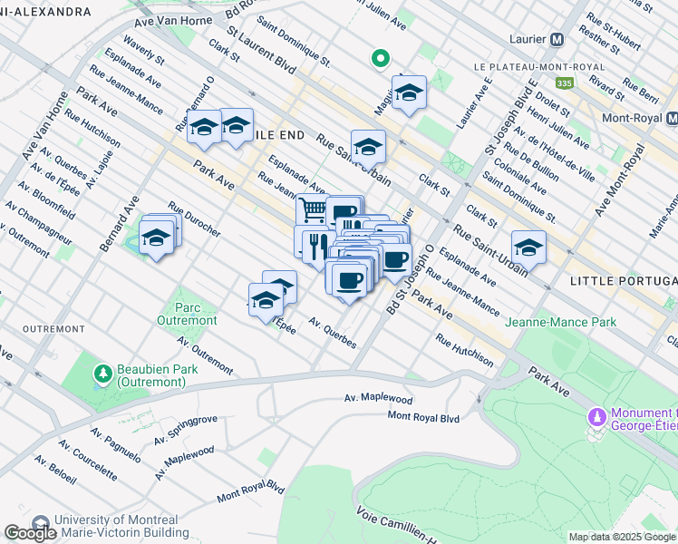 map of restaurants, bars, coffee shops, grocery stores, and more near 379 Rue Labadie in Montréal
