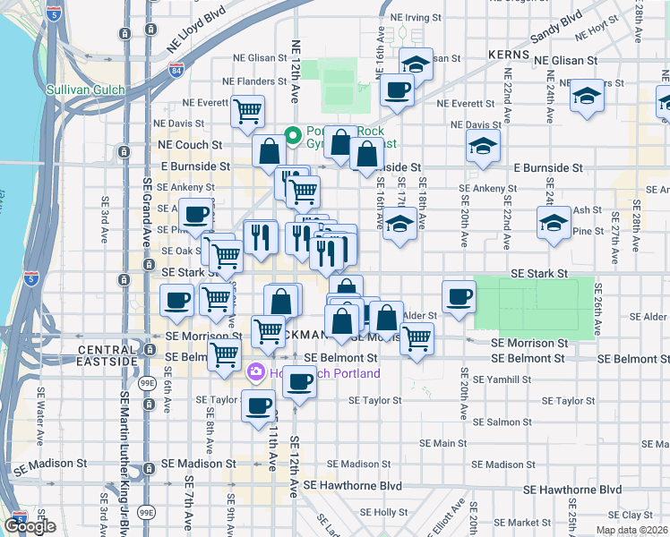 map of restaurants, bars, coffee shops, grocery stores, and more near 485 Southeast 14th Avenue in Portland