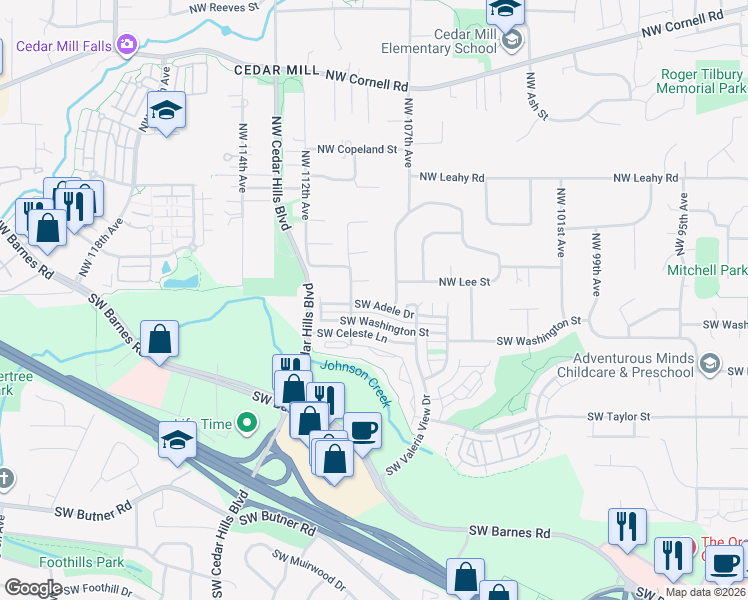 map of restaurants, bars, coffee shops, grocery stores, and more near 10851 Southwest Adele Drive in Portland