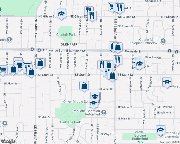map of restaurants, bars, coffee shops, grocery stores, and more near 15740 Southeast Stark Street in Portland