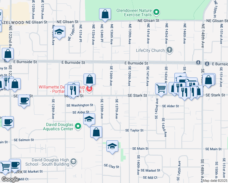 map of restaurants, bars, coffee shops, grocery stores, and more near 13640 Southeast Stark Street in Portland