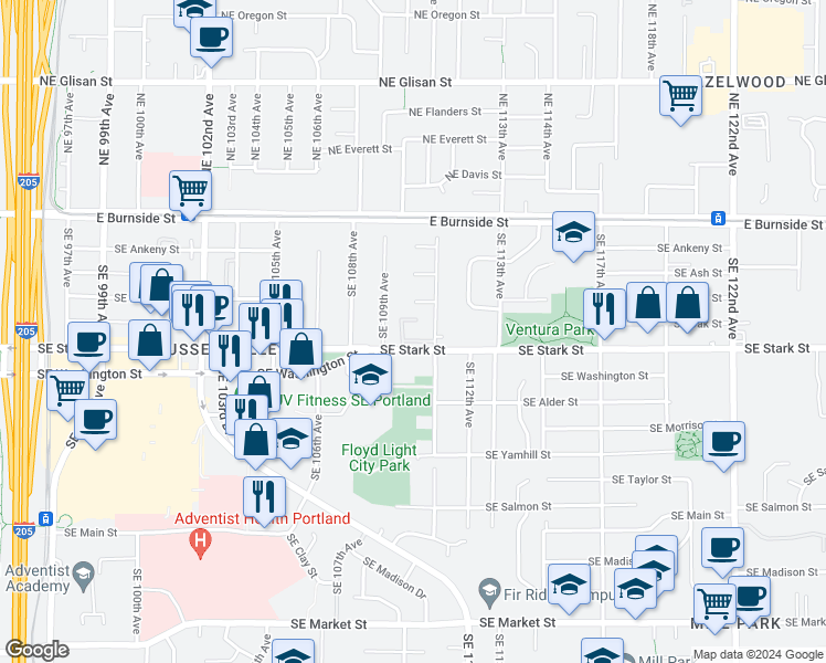 map of restaurants, bars, coffee shops, grocery stores, and more near 11016 Southeast Stark Street in Portland