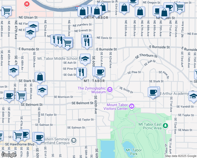 map of restaurants, bars, coffee shops, grocery stores, and more near 504-510 Southeast 61st Avenue in Portland