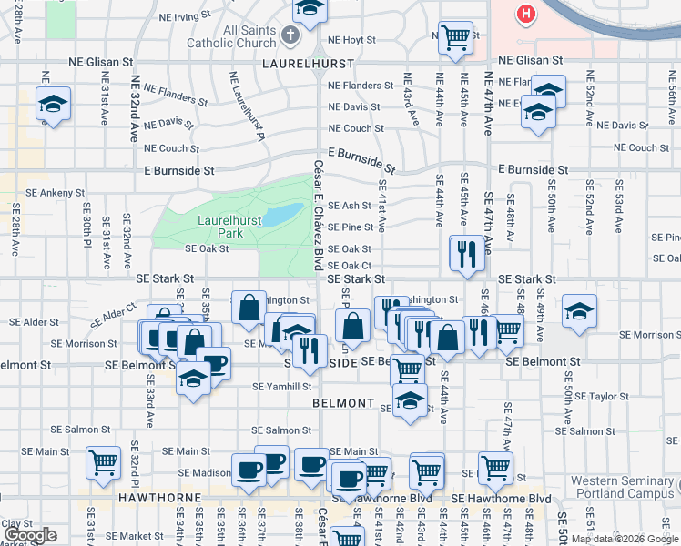map of restaurants, bars, coffee shops, grocery stores, and more near 515 Southeast Peacock Lane in Portland