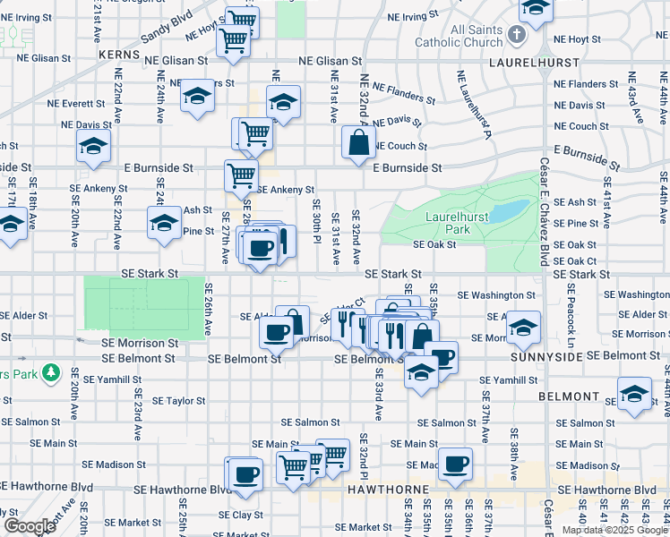 map of restaurants, bars, coffee shops, grocery stores, and more near 3120 Southeast Stark Street in Portland