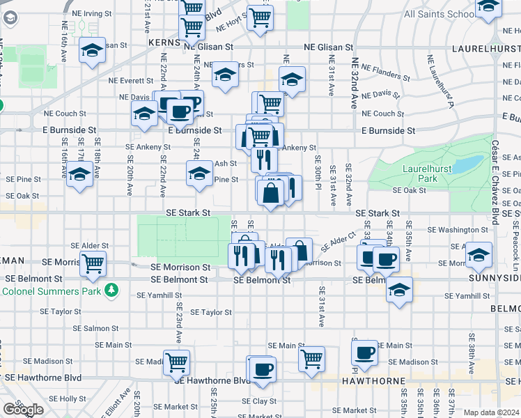 map of restaurants, bars, coffee shops, grocery stores, and more near 516 Southeast 28th Avenue in Portland