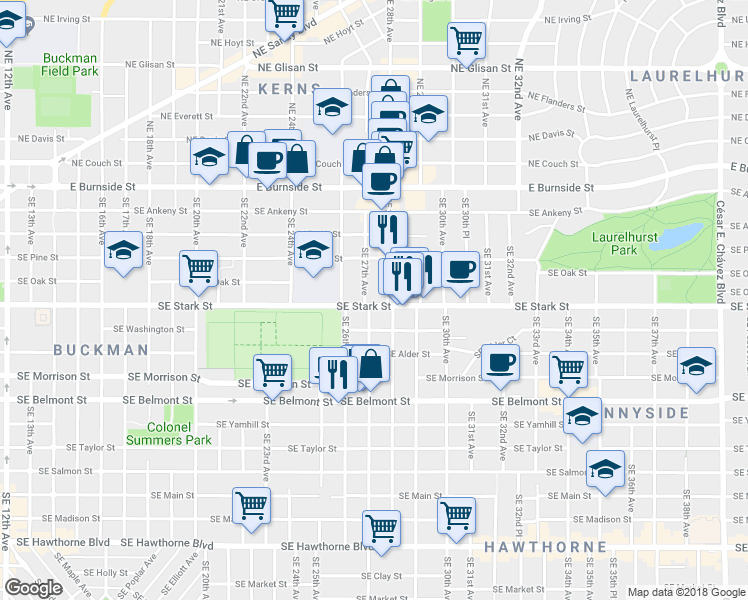 map of restaurants, bars, coffee shops, grocery stores, and more near 515 Southeast 27th Avenue in Portland