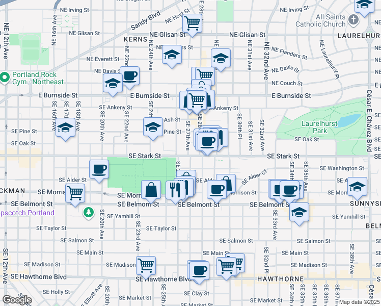 map of restaurants, bars, coffee shops, grocery stores, and more near 515 Southeast 27th Avenue in Portland