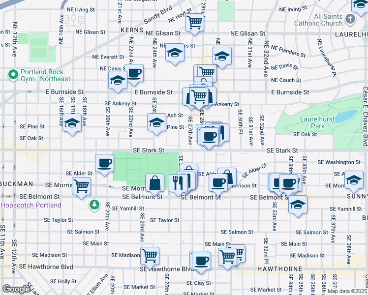 map of restaurants, bars, coffee shops, grocery stores, and more near 515 Southeast 27th Avenue in Portland