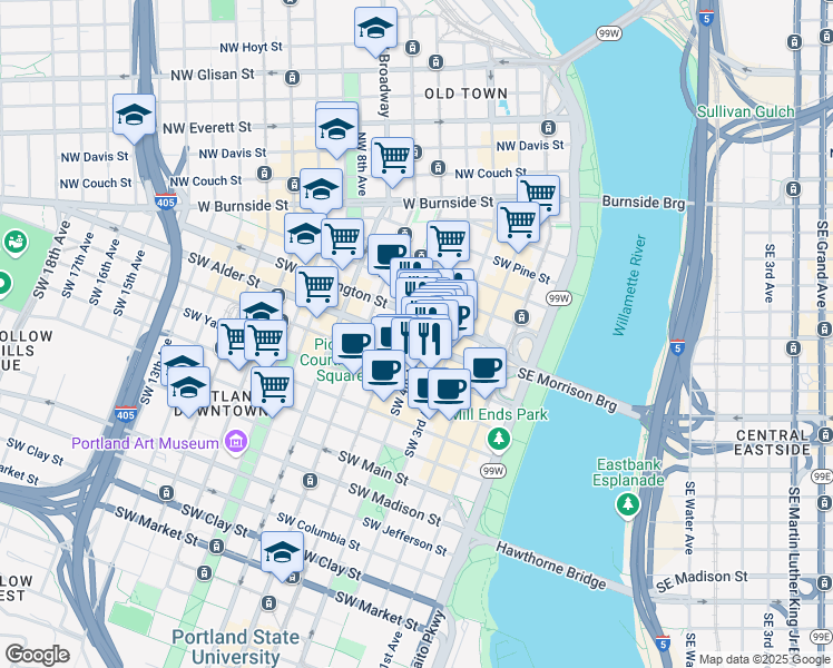 map of restaurants, bars, coffee shops, grocery stores, and more near 320 Southwest Alder Street in Portland