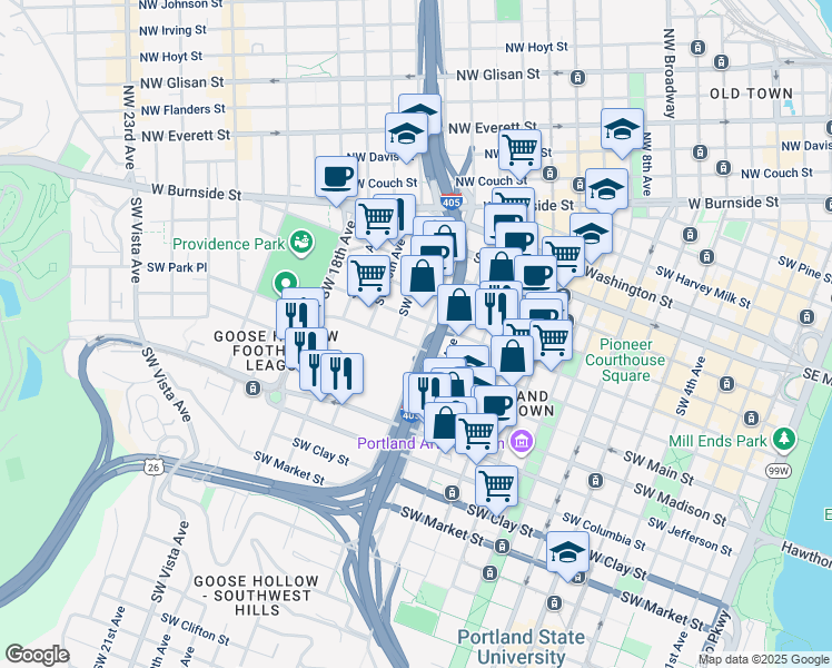 map of restaurants, bars, coffee shops, grocery stores, and more near in Portland
