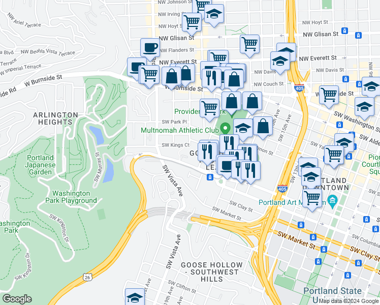 map of restaurants, bars, coffee shops, grocery stores, and more near 2001 Southwest Jefferson Street in Portland